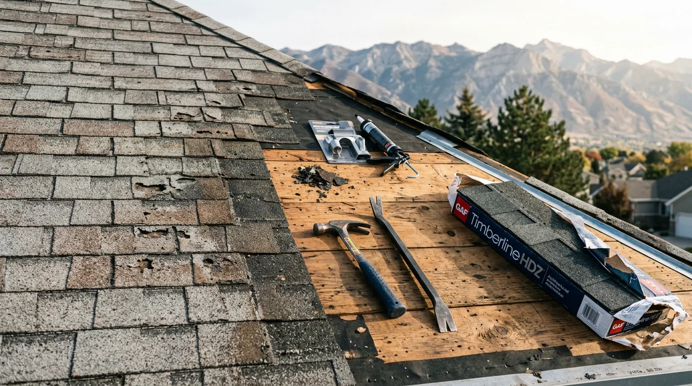 A residential roof on the Wasatch Front showing repaired shingles and flashing after hail and wind storm damage. A roofing crew from Redline Roofing and Construction works on a sloped roof with Utah mountain terrain visible in the background.
