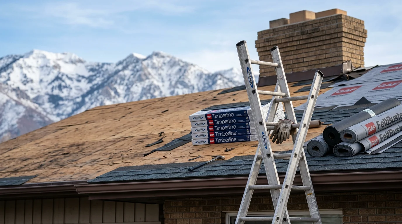 A freshly replaced residential roof on a single-family home along the Wasatch Front, with the Wasatch mountain range visible in the background. New shingles cover the full roof deck following a complete tear-off and installation by Redline Roofing and Construction.