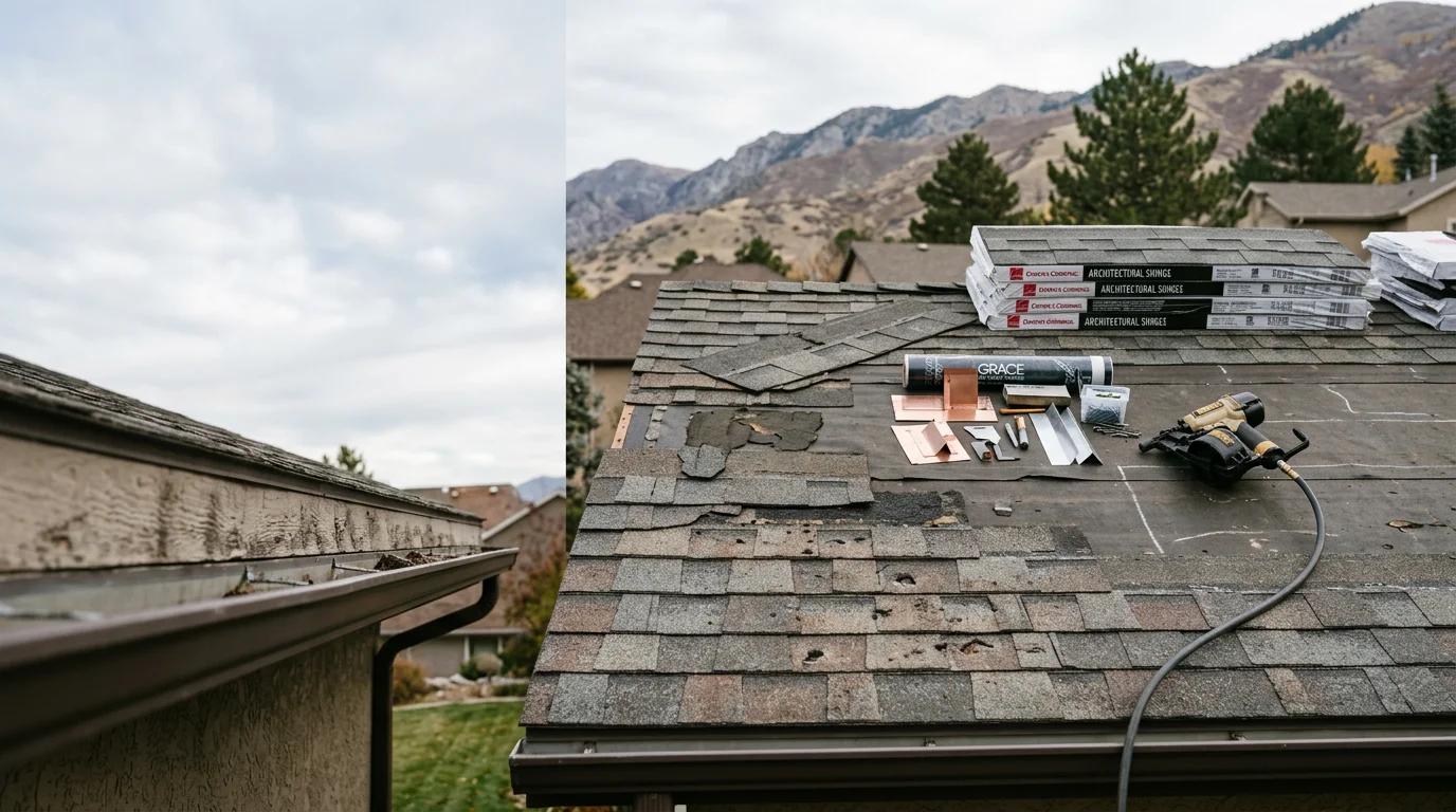 A residential roof on a single-family home along the Wasatch Front showing restored shingles and intact flashing after storm damage repair. The surrounding mountains and Utah sky provide context for the region's demanding weather conditions.