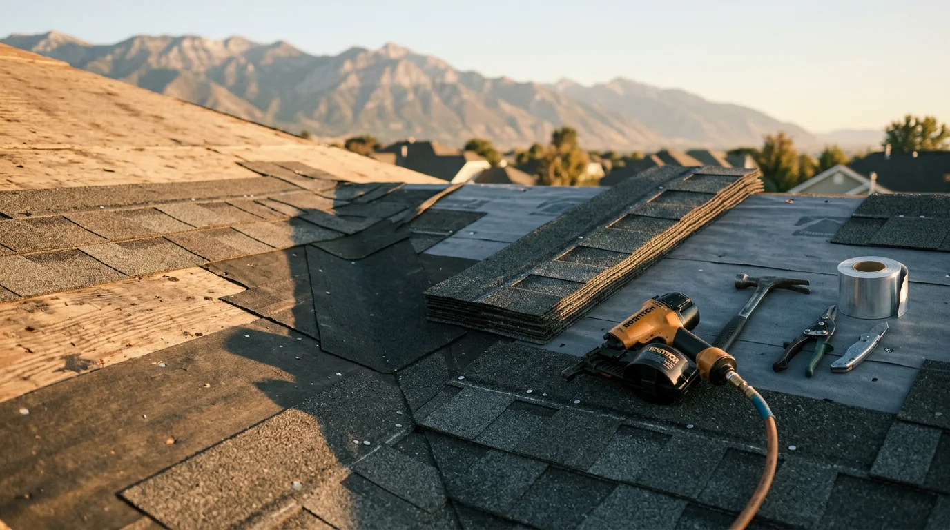 A residential roof on a single-family home along the Wasatch Front showing a completed shingle installation with clean ridge lines and properly sealed flashing around a chimney. Snow-capped Utah mountains are visible in the background.