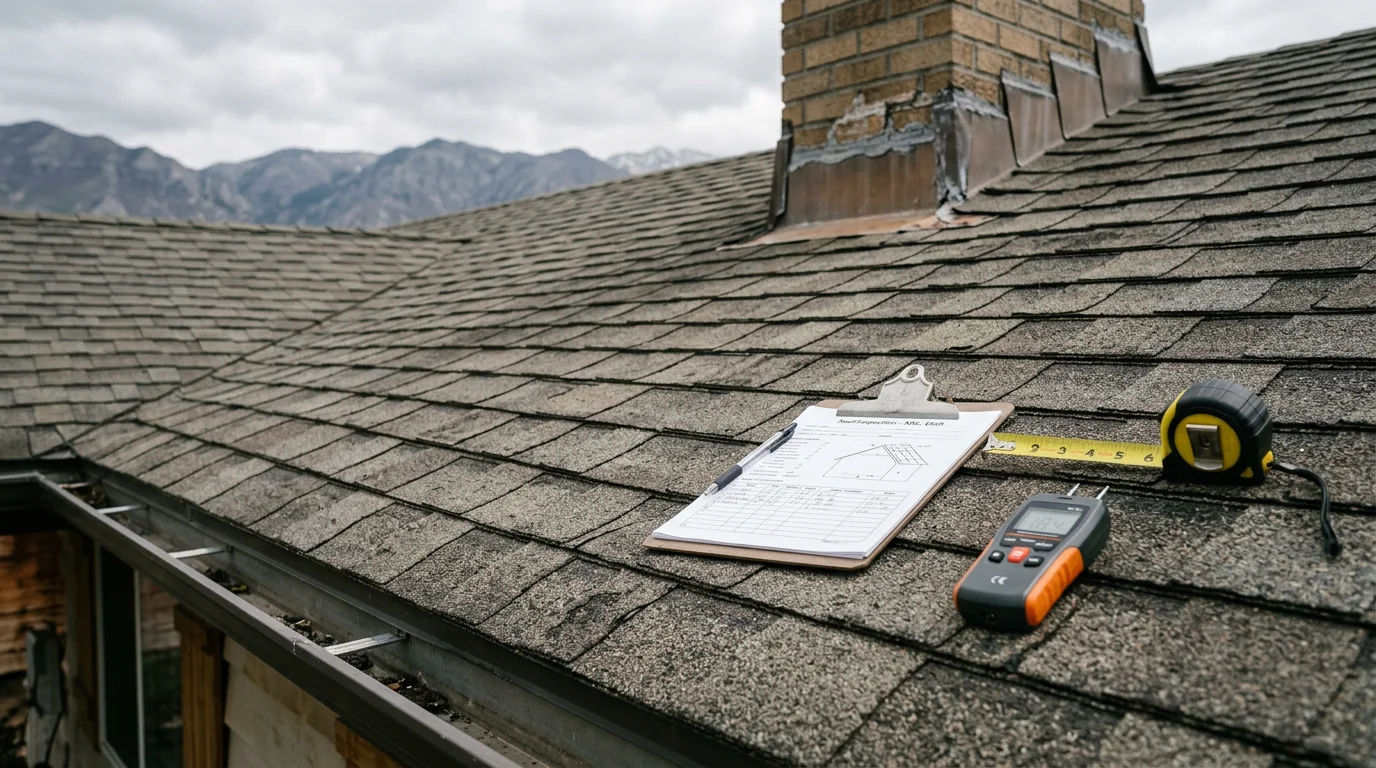 A roofing contractor from Redline Roofing and Construction inspecting shingles, flashing, and ridge caps on a residential home along the Wasatch Front. Close-up view shows granule wear and shingle condition typical of Utah's climate.