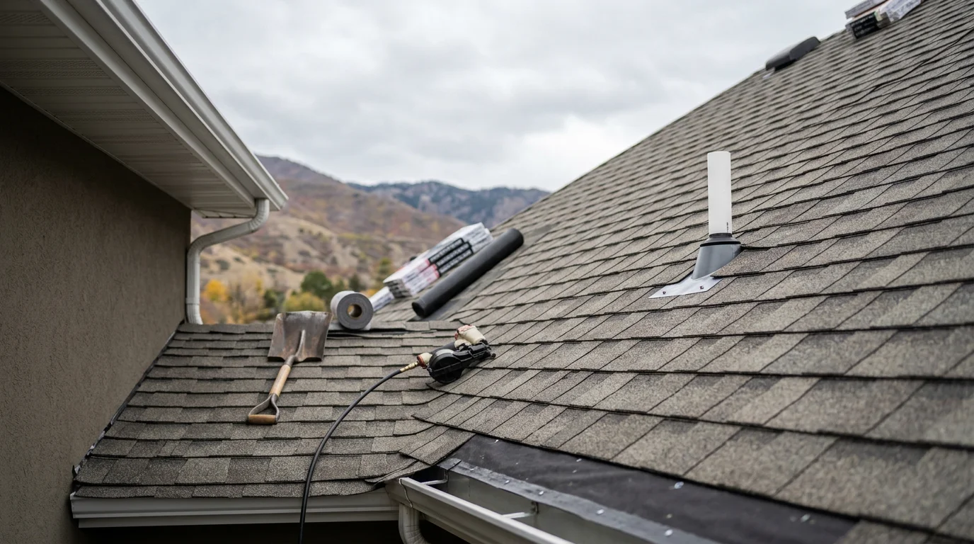 A freshly installed residential shingle roof on a single-family home along the Wasatch Front in Utah, with clean ridge lines and new flashing visible against a backdrop of mountain foothills. The completed installation shows uniform shingle coursing across the full roof deck.