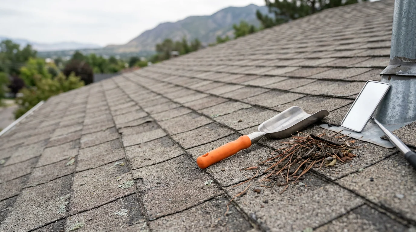 A Redline Roofing and Construction crew member inspecting asphalt shingles on a residential roof along the Wasatch Front, checking flashing and granule condition after a Utah winter season.
