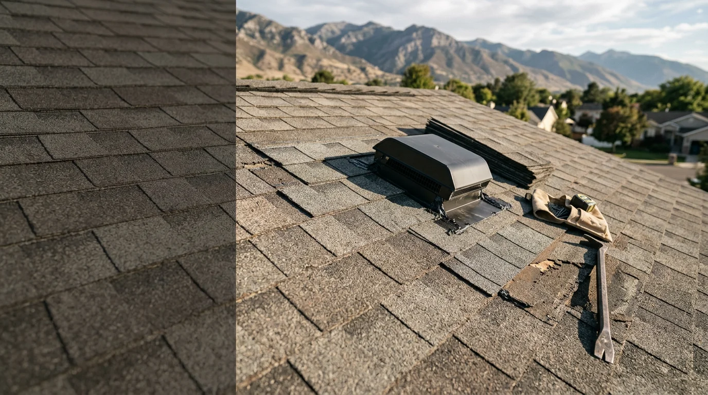 A residential shingle roof on a Wasatch Front home showing a completed repair section with replaced shingles blending into the existing field. Canyon ridgeline visible in the background under a clear Utah sky.