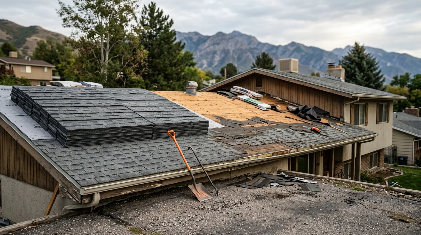 A freshly completed residential shingle roof replacement on a single-family home along the Wasatch Front, with clean ridge lines and uniform shingle courses visible against a backdrop of Utah mountain terrain. The new roof covers a typical two-story home in a Wasatch Front neighborhood, showing full coverage from ridge to eave.