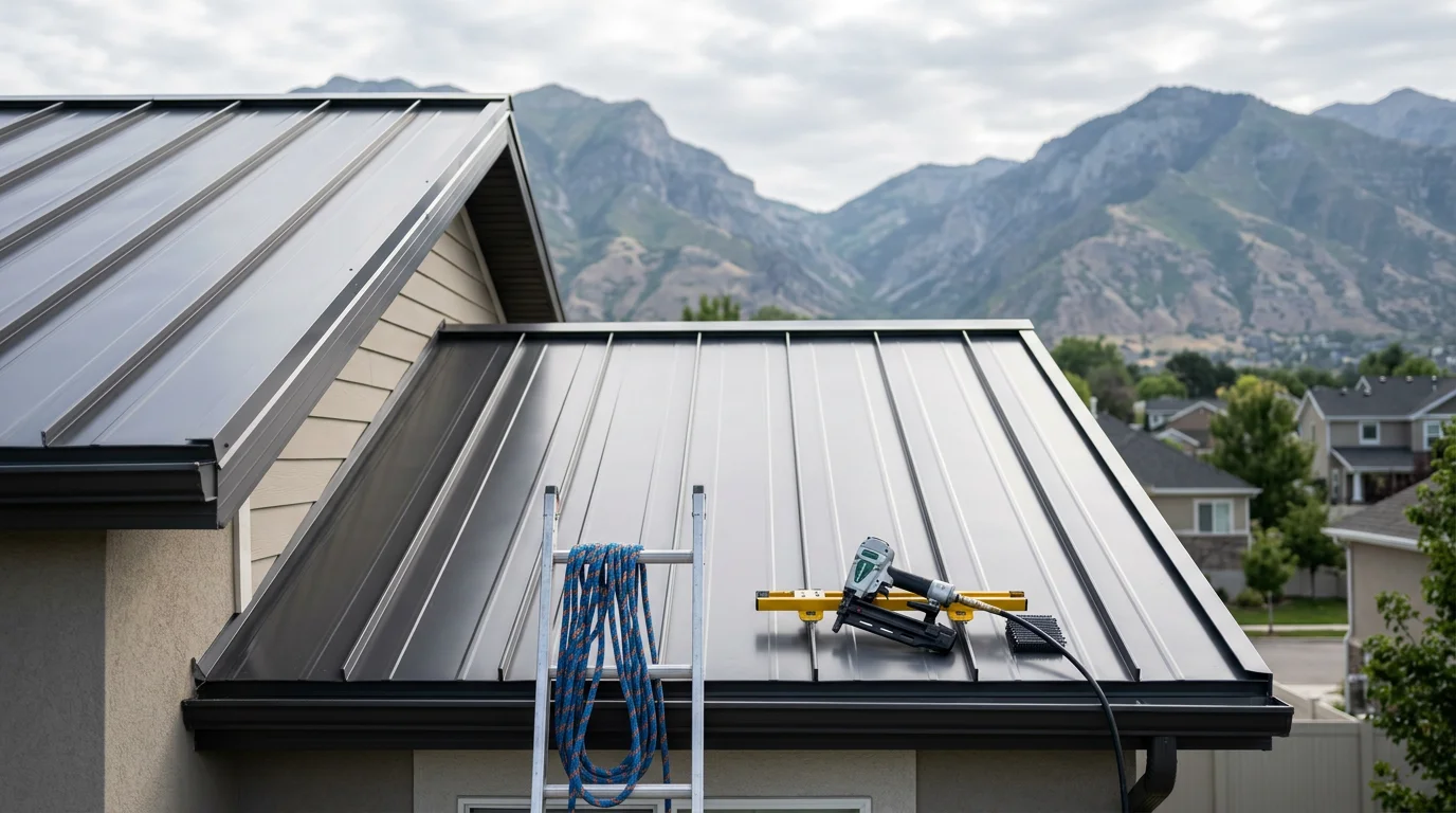 A completed residential steel roof installation on a single-family home along the Wasatch Front, with snow-capped Utah mountains visible in the background. The steel panels run cleanly from ridge to eave, showing a finished installation ready for Utah's winter weather.