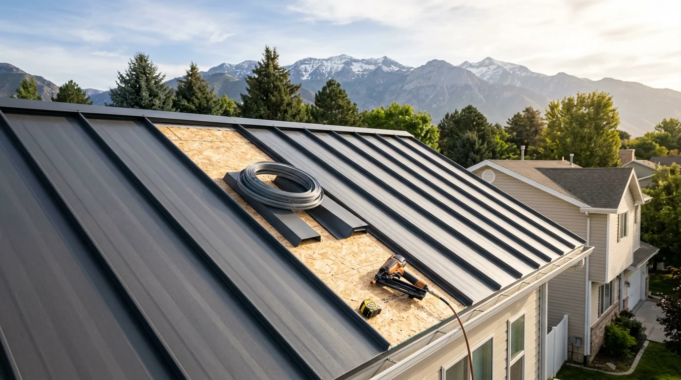 A completed residential steel roof replacement on a single-family home along the Wasatch Front, with mountain terrain visible in the background. The steel panels run in clean horizontal lines across a steep-pitched roof built to handle Utah snow loads.