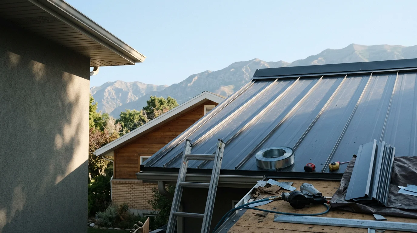 A completed residential steel roof on a single-family home along the Wasatch Front, with snow-capped mountains visible in the background. The steel panels run cleanly from ridge to eave on a steep-pitched Utah home.