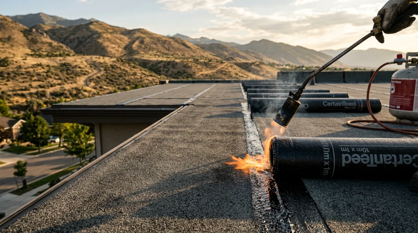 A completed residential torch down roof on a flat-roof home along the Wasatch Front, showing a smooth dark modified bitumen membrane with heat-welded seams and a granulated cap sheet surface. Mountains are visible in the background against a clear Utah sky.