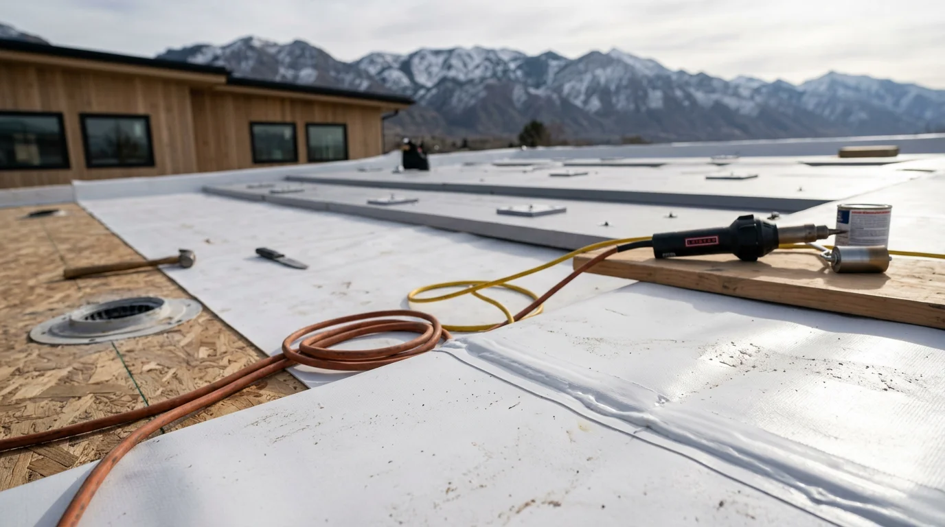 A completed residential TPO roof replacement on a flat-roofed home addition in the Wasatch Front, showing a clean white membrane with finished edge metal and sealed penetrations under a clear Utah sky.
