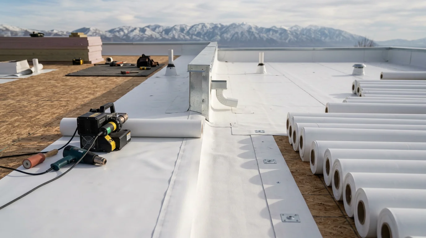 A completed residential TPO roofing installation on a flat-roofed home addition along the Wasatch Front, showing a bright white single-ply membrane with clean edge detailing against a backdrop of Utah mountains.