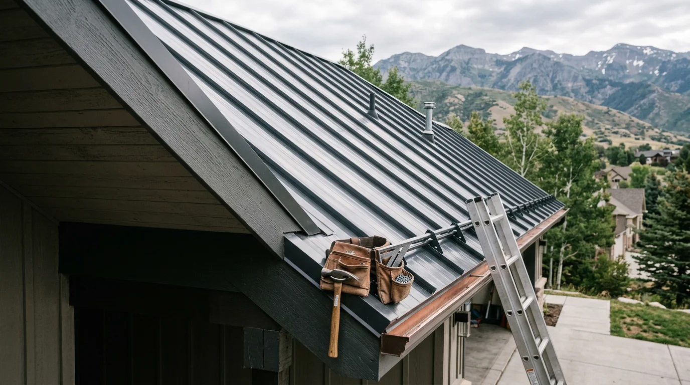 Ribbed metal roofing panels installed on a residential home along the Wasatch Front, showing the clean panel lines and metal finish against a backdrop of Utah mountain terrain. Close view highlights the ribbed profile and exposed fastener system on a pitched roof.