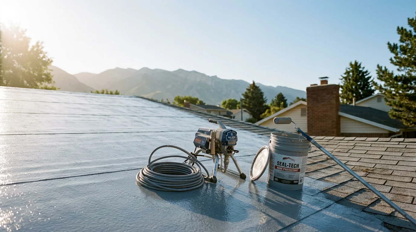 A freshly coated residential roof on a home along the Wasatch Front, showing a smooth, uniform protective surface applied over existing roofing material. The surrounding landscape reflects the high-elevation Utah terrain typical of communities like Ogden and Bountiful.