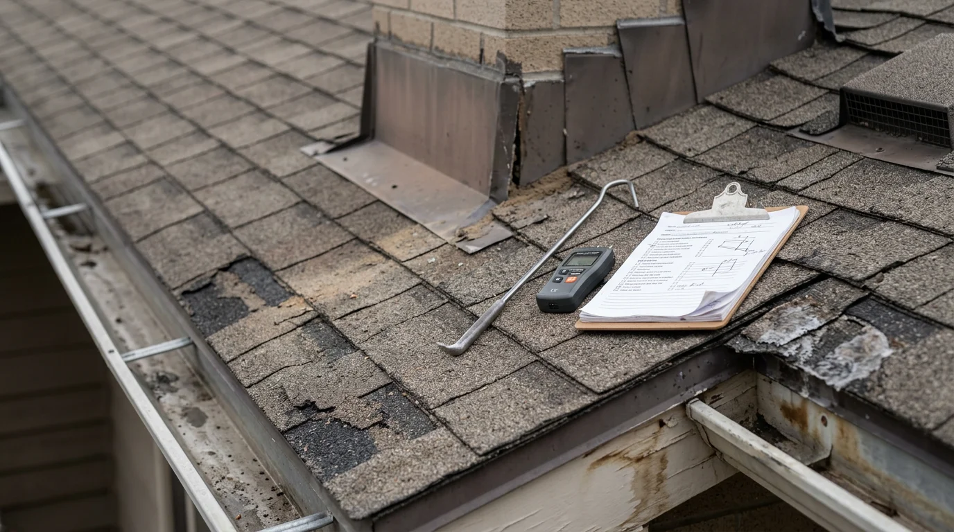 A Redline Roofing and Construction inspector examining shingles and flashing on a residential roof along the Wasatch Front with the Wasatch Mountains visible in the background. Close-up view shows granule loss and flashing detail at a roof valley during a professional inspection.