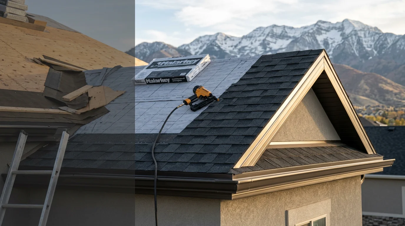 A freshly installed residential roof on a Wasatch Front home with clean ridge lines and new shingles, set against the backdrop of Utah's mountain terrain. The completed installation shows proper flashing detail at the roof edges on a pitched residential structure.