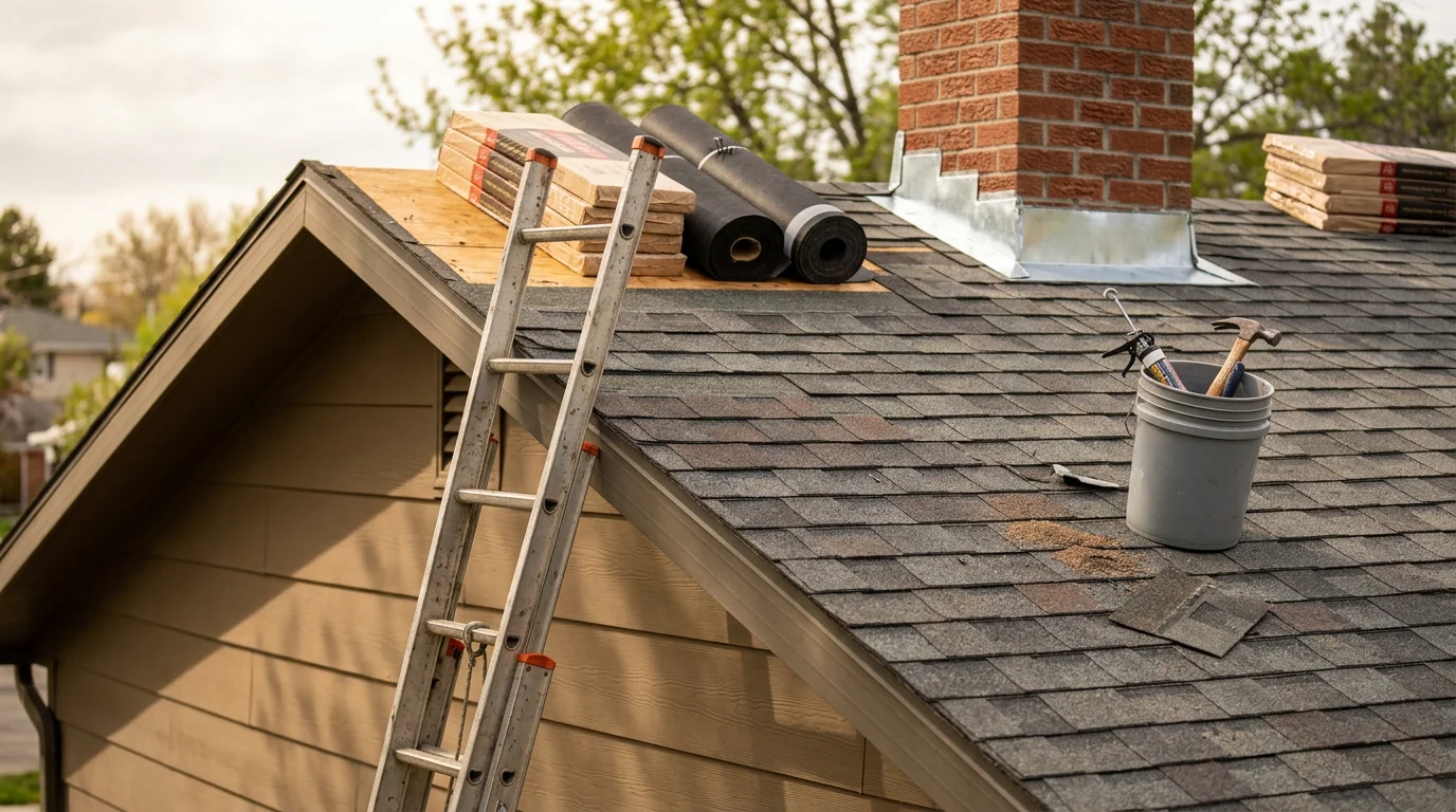 A roofing contractor inspecting and repairing damaged shingles and flashing on a residential roof along the Wasatch Front in Utah. Close-up view shows worn shingles and repaired flashing around a chimney with mountain terrain visible in the background.