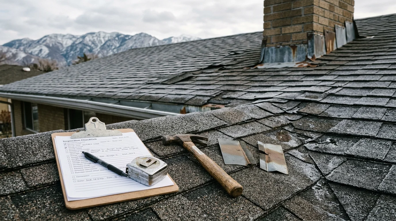 A roofing contractor from Redline Roofing and Construction inspecting shingles and flashing on a residential roof along the Wasatch Front. The image shows a close-up assessment of storm-related damage on a Utah home.