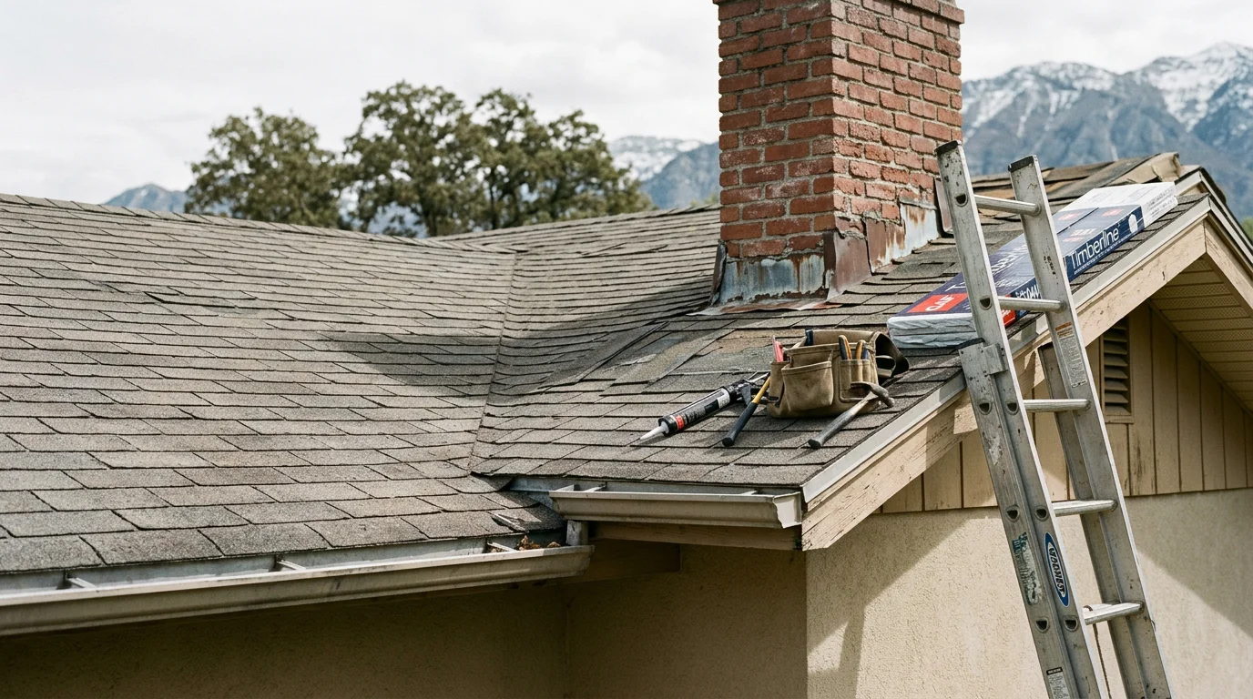 A Redline Roofing and Construction crew member repairing damaged shingles and flashing on a residential roof along the Wasatch Front. Snow-capped mountains are visible in the background, showing the high-elevation weather conditions these Utah homes face.