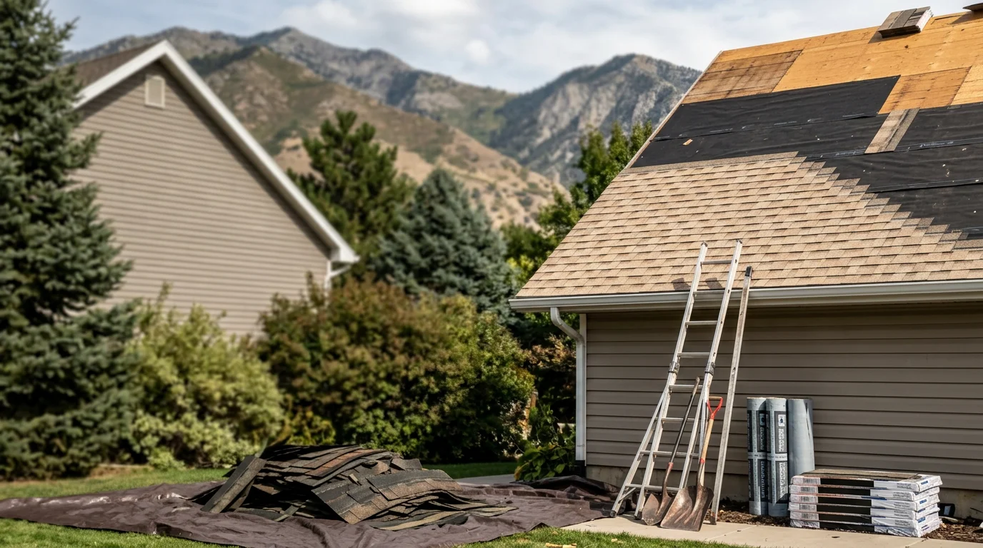 A completed residential roof replacement on a single-family home along the Wasatch Front, showing new roofing materials installed across the full roof deck with mountain terrain visible in the background. Work completed by Redline Roofing and Construction serving Salt Lake City, Ogden, Layton, and surrounding Utah communities.