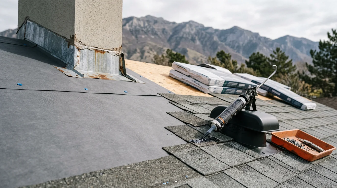 A Redline Roofing and Construction crew member inspecting and restoring damaged shingles on a residential roof along the Wasatch Front with mountain terrain visible in the background. Close-up view shows repaired flashing and replaced shingles on a Utah home after hail and wind damage.