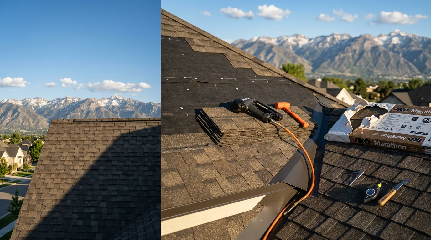 Freshly installed architectural shingles on a residential roof along the Wasatch Front, with mountain foothills visible in the background. A completed shingle installation by Redline Roofing and Construction showing clean ridge lines and uniform coursing across the full roof slope.