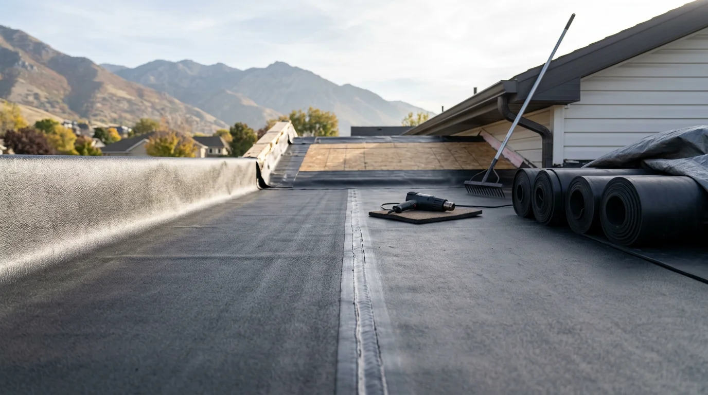 A completed rubber flat roof installation on a residential home along the Wasatch Front, showing a smooth, fully adhered membrane surface with clean edges and a properly positioned roof drain. Snow-capped mountains are visible in the background, reflecting the high-elevation Utah climate this roofing system is built to handle.