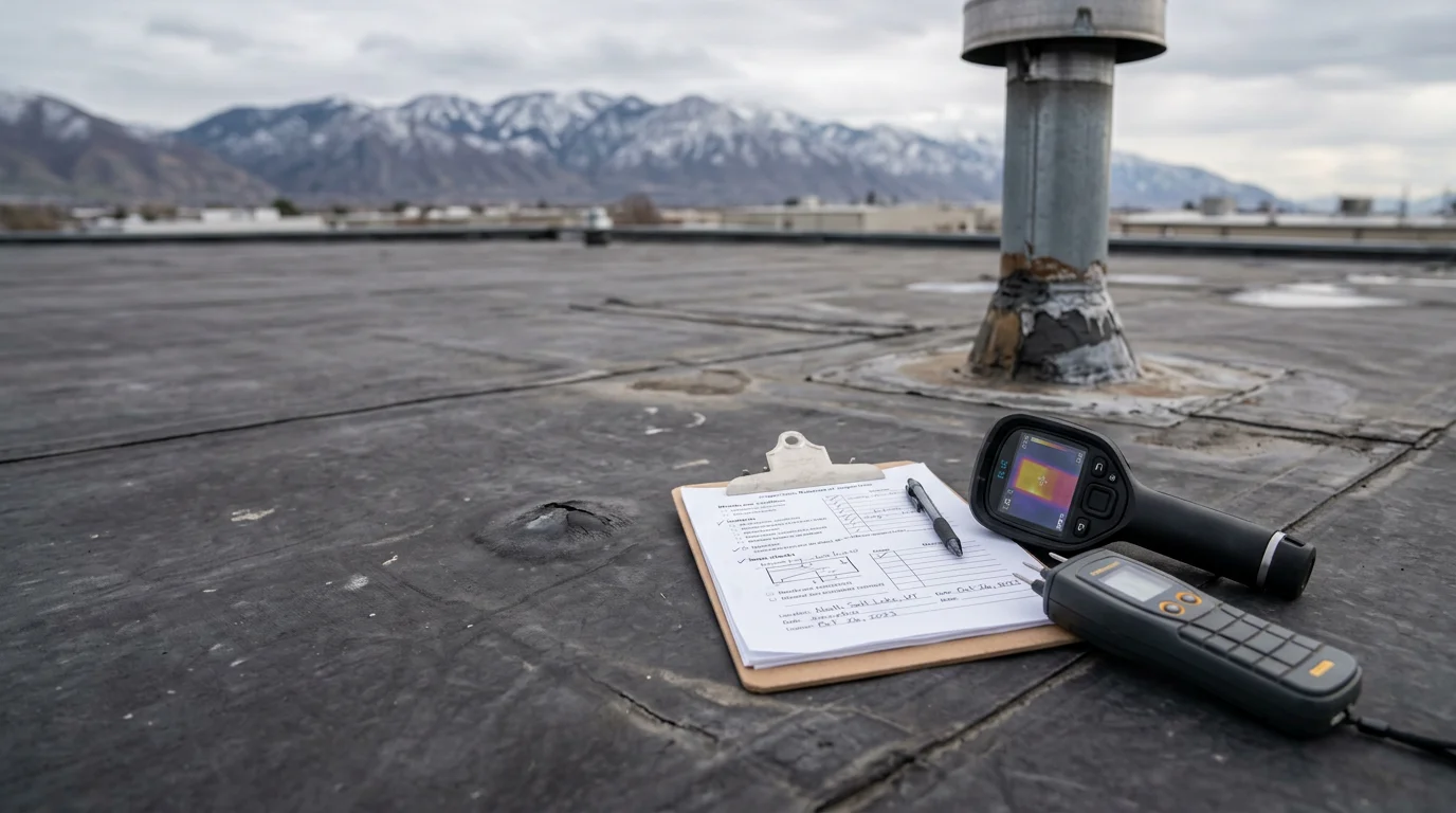 A roofing contractor from Redline Roofing and Construction inspecting the seams and membrane surface of a flat rubber roof on a residential property along the Wasatch Front. Snow-capped mountains are visible in the background.
