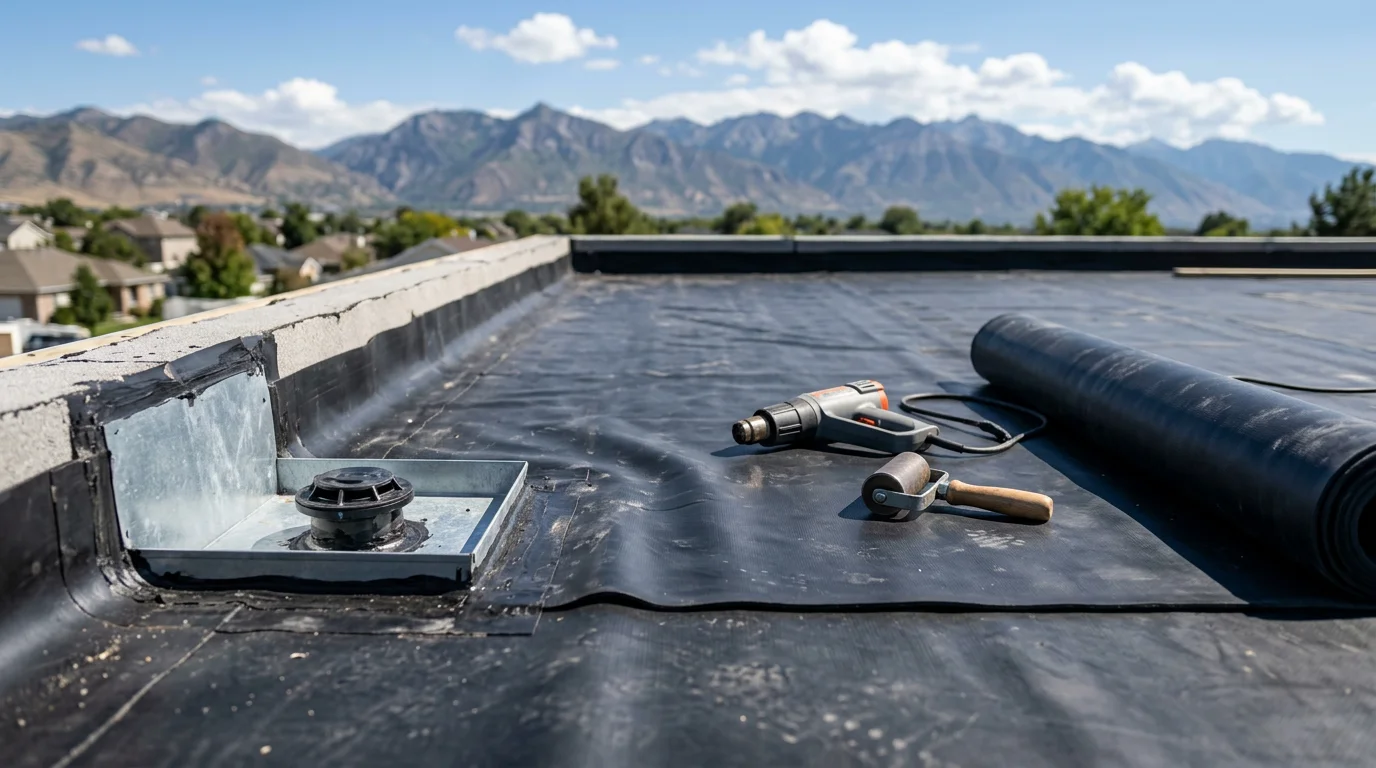 A completed rubber membrane roof installation on a flat residential home along the Wasatch Front, with clean sealed seams and a finished drip edge visible against a backdrop of Utah mountains. Close-up view shows the smooth, continuous membrane surface with no visible gaps or ponding areas.