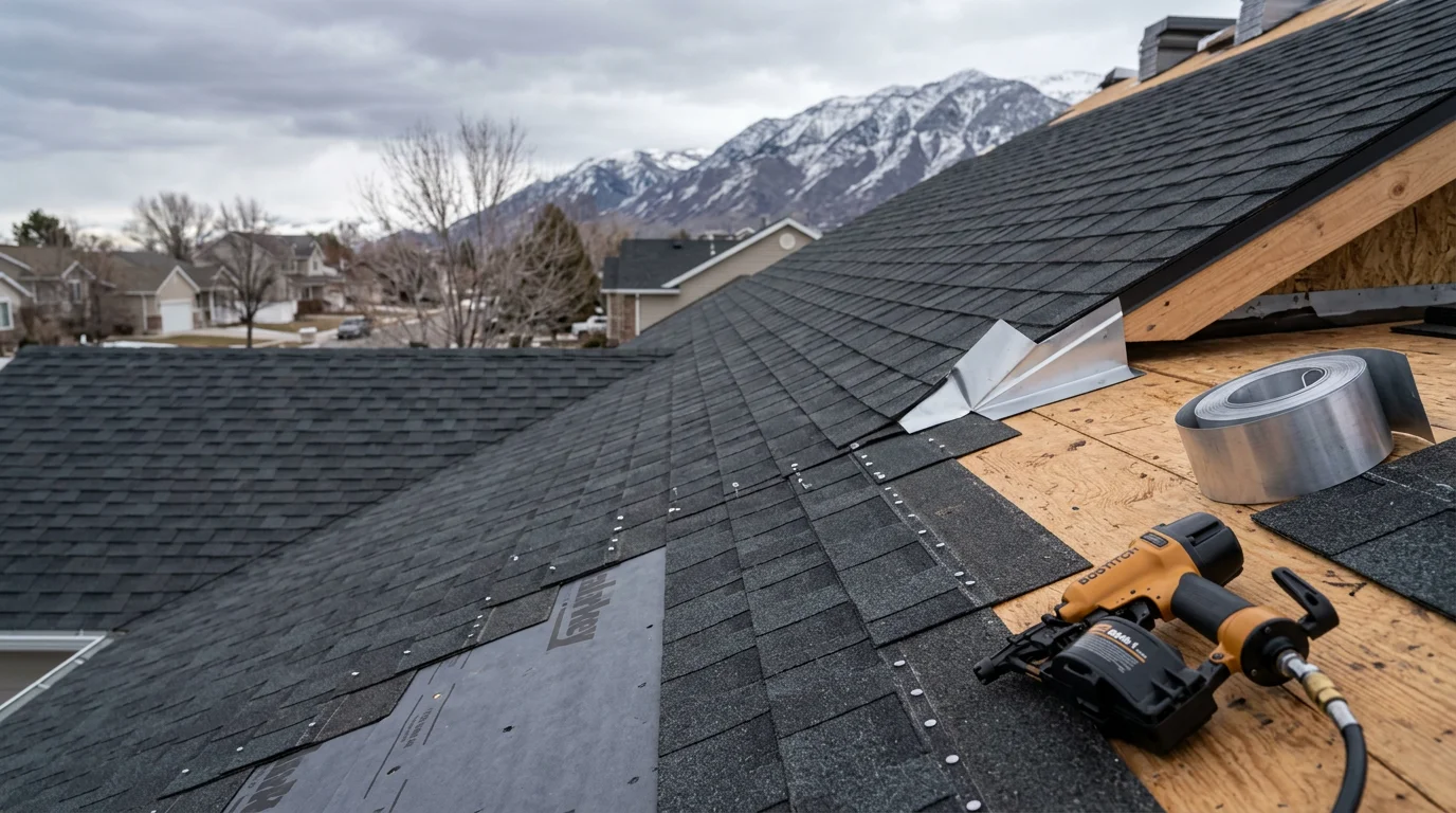 A freshly installed architectural shingle roof on a single-family home in the Wasatch Front region of Utah, with clean ridge lines and new flashing visible at the roof edges. Snow-capped mountains are visible in the background, reflecting the high-elevation climate the roof is built to withstand.