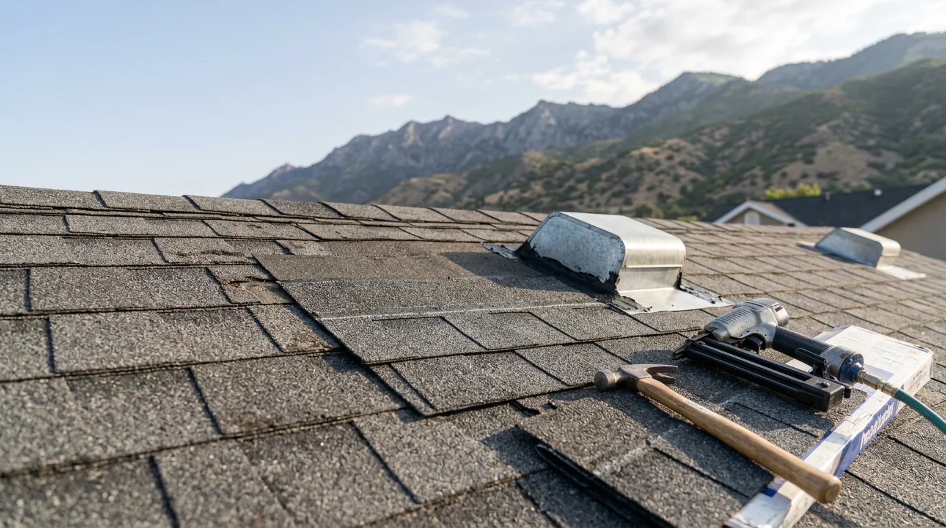 A repaired shingle roof on a residential home along the Wasatch Front, showing replaced shingle sections and sealed flashing around a roof vent with mountain terrain visible in the background.