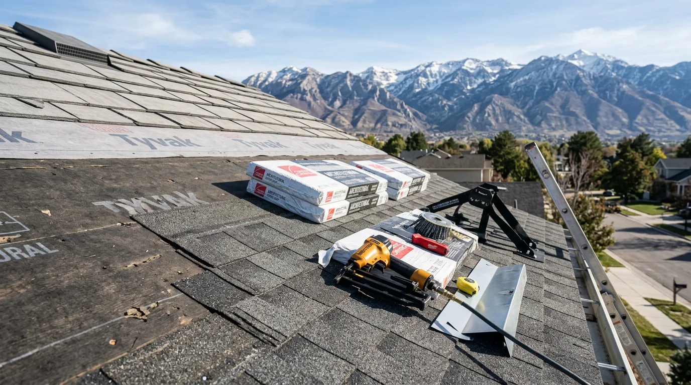A freshly installed shingle roof on a residential home along the Wasatch Front, with clean ridge lines and uniform shingle courses visible against a backdrop of Utah mountain terrain. The completed roof shows proper hip and valley detailing suited to the region's snow and wind conditions.