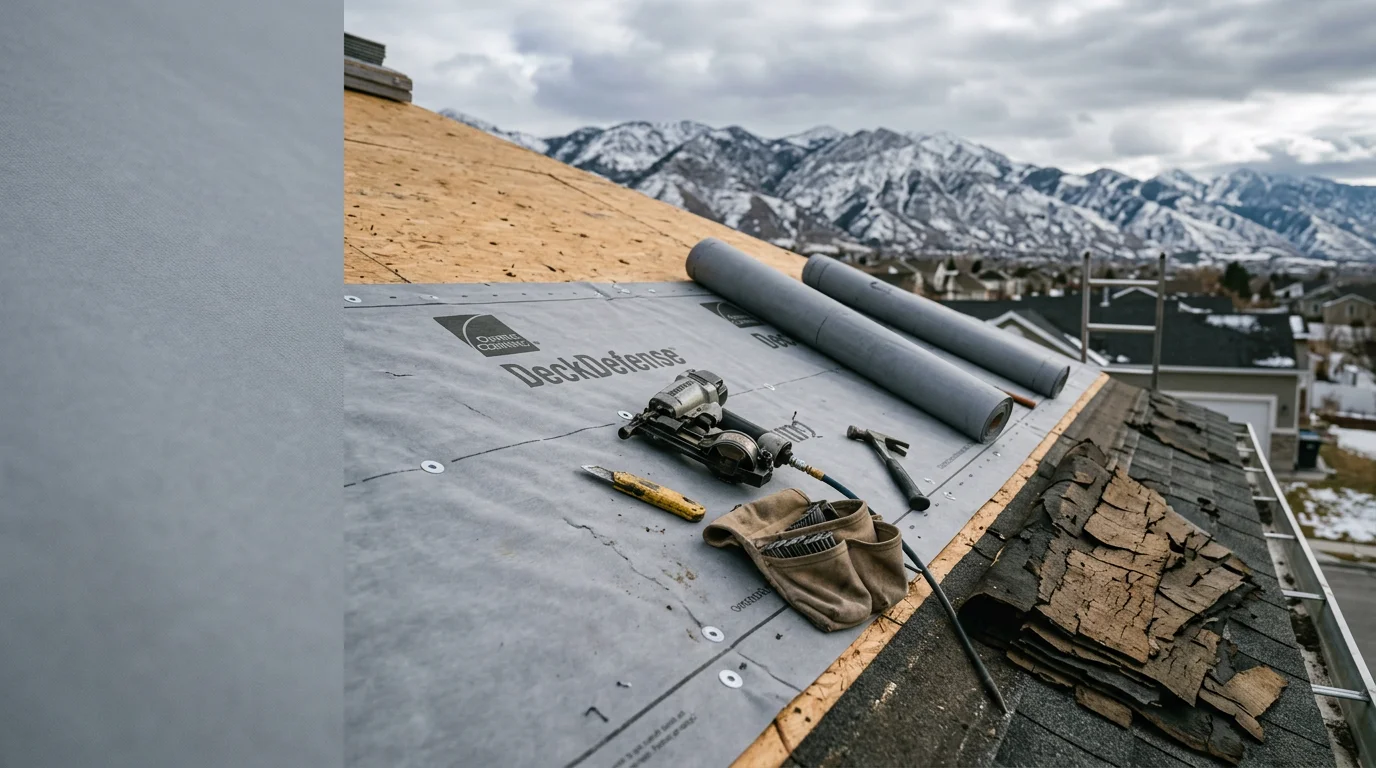 A Redline Roofing and Construction crew removing damaged shingle underlayment from a residential roof on the Wasatch Front, with the roof deck exposed and new underlayment material staged nearby. Snow-capped Wasatch Range foothills are visible in the background.