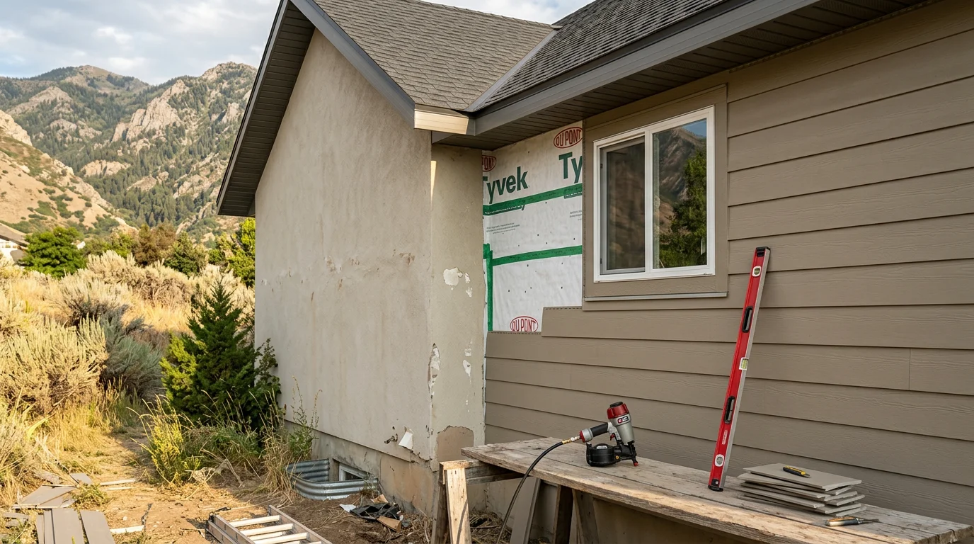 Freshly installed siding on a two-story home along the Wasatch Front with clean panel lines and new trim around windows. The exterior shows a complete installation with no gaps at wall corners or roof-to-wall intersections.