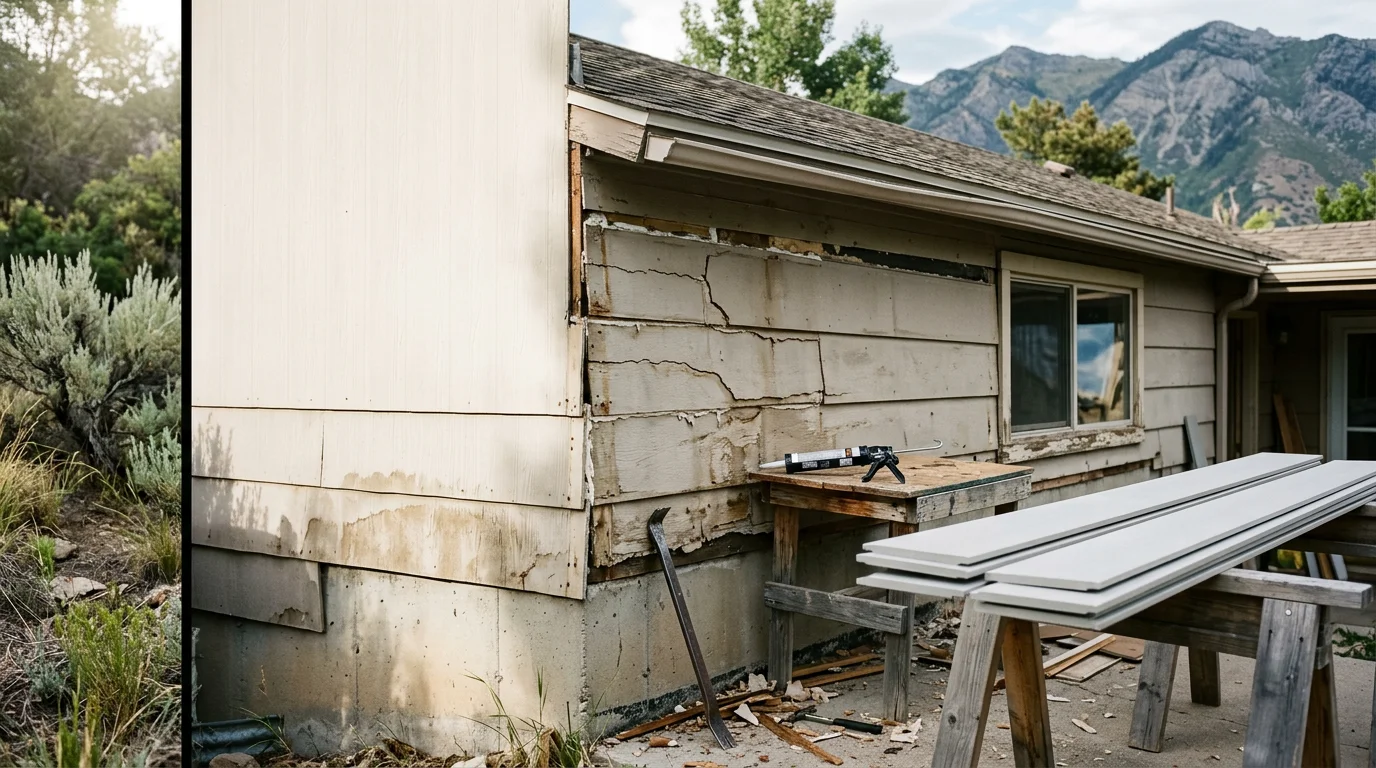 Close-up of repaired exterior siding on a residential home along the Wasatch Front, showing replaced panels and sealed joints on a two-story house with mountain terrain visible in the background.