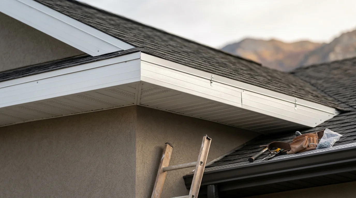 Freshly replaced white soffit and fascia panels along the roofline of a residential home in the Wasatch Front, with clean eave edges and intact gutter attachment points visible against a clear Utah sky.