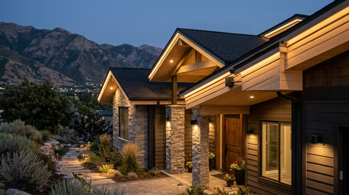 Interior of a Wasatch Front home showing integrated accent and task lighting across a kitchen and living area, with fixtures mounted cleanly along architectural details. The lighting system covers multiple rooms with a consistent, well-planned look suited to Utah residential construction.