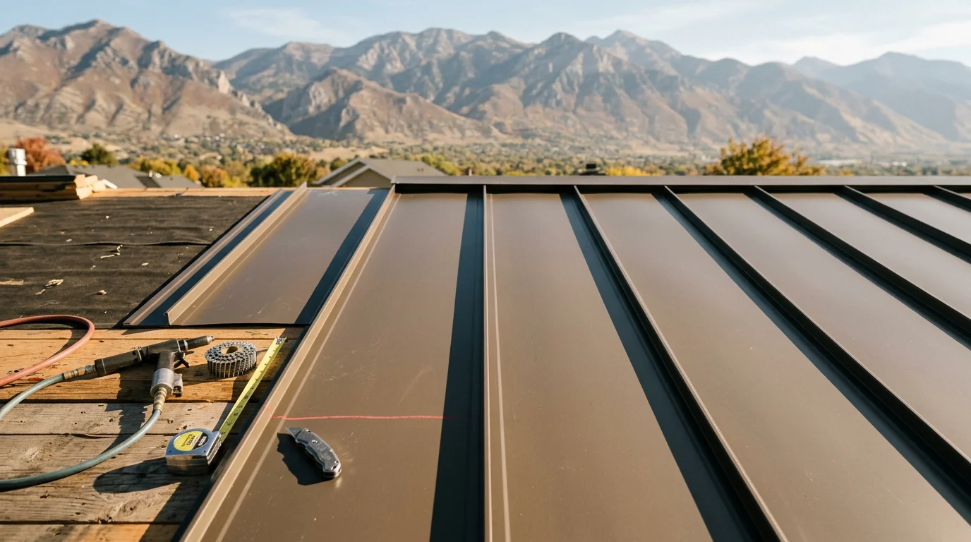 Completed standing seam metal roof installation on a residential home along the Wasatch Front, showing clean vertical panel lines and concealed fastener seams against a backdrop of Utah mountain terrain.