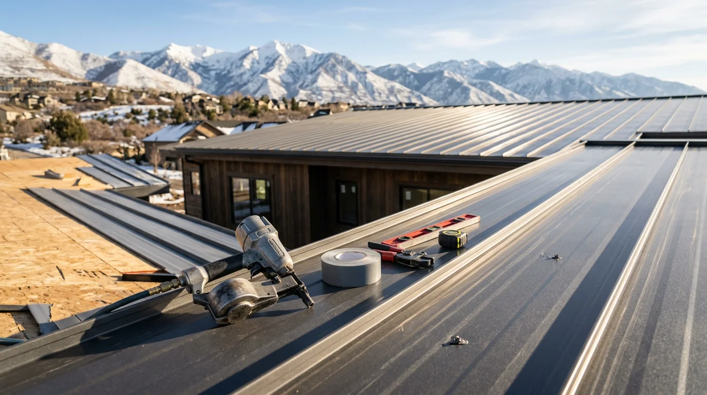 Standing seam metal roof with vertical interlocking panels installed on a residential home along the Wasatch Front in Utah. Snow-covered mountains are visible in the background, showing the roof in its natural high-elevation environment.