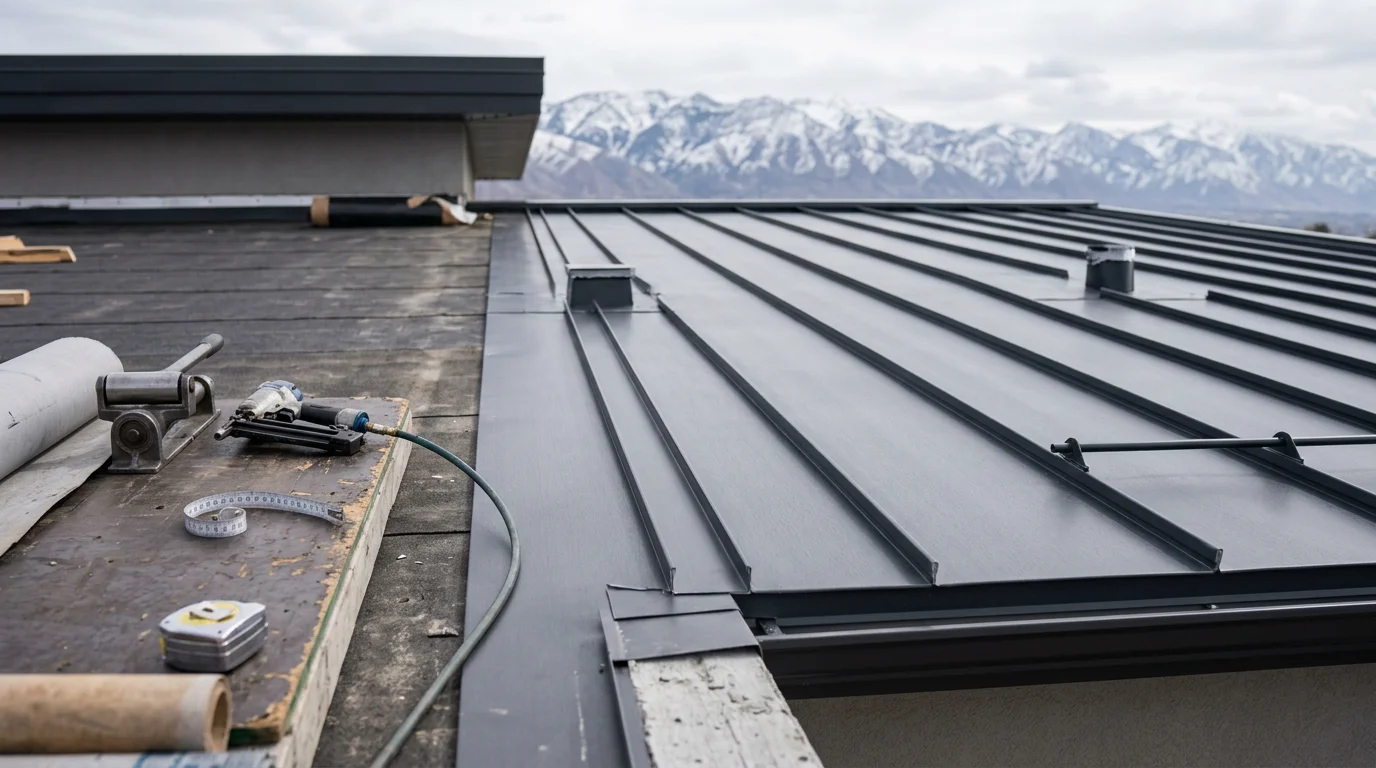 Completed steel flat roof installation on a residential property along the Wasatch Front, showing clean panel lines and edge metal against a backdrop of Utah mountains. Close view of the roof surface highlights the steel panels and drainage slope designed for Utah snow and freeze-thaw conditions.
