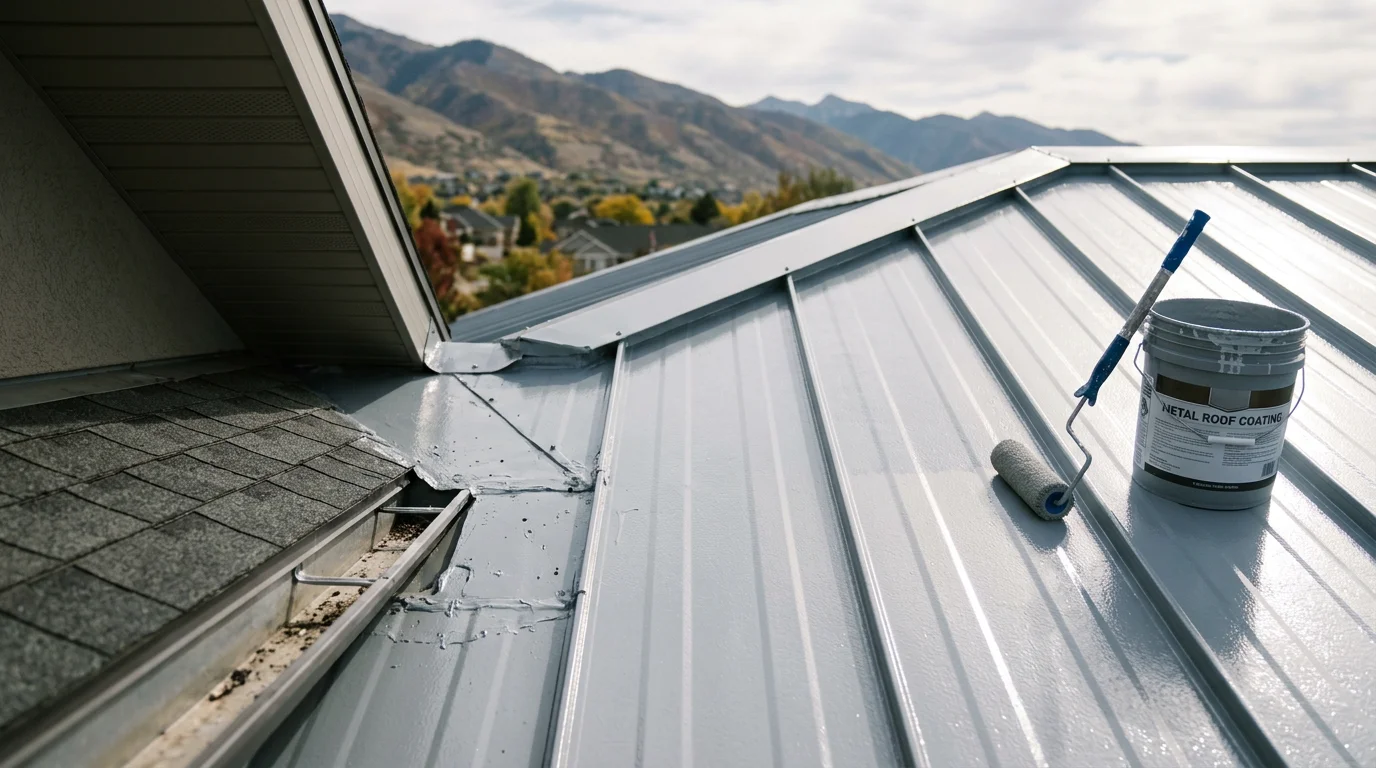 A steel roof on a residential home along the Wasatch Front with a freshly applied protective coating, showing clean panel seams and flashing details against a backdrop of Utah mountain terrain.