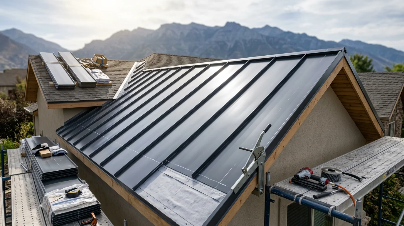 Completed steel roof installation on a residential home along the Wasatch Front, showing clean panel lines against a backdrop of Utah mountains. Close view highlights the smooth steel surface and finished ridge detail on a sloped roof.