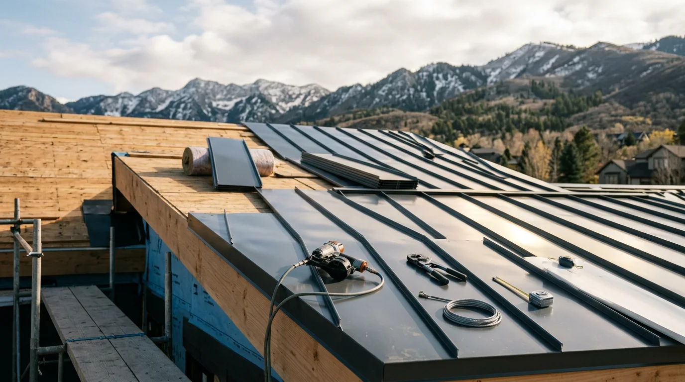 A completed steel roof installation on a residential home along the Wasatch Front, showing clean panel lines against a backdrop of Utah mountains. The roof reflects afternoon sunlight with snow visible on surrounding peaks.