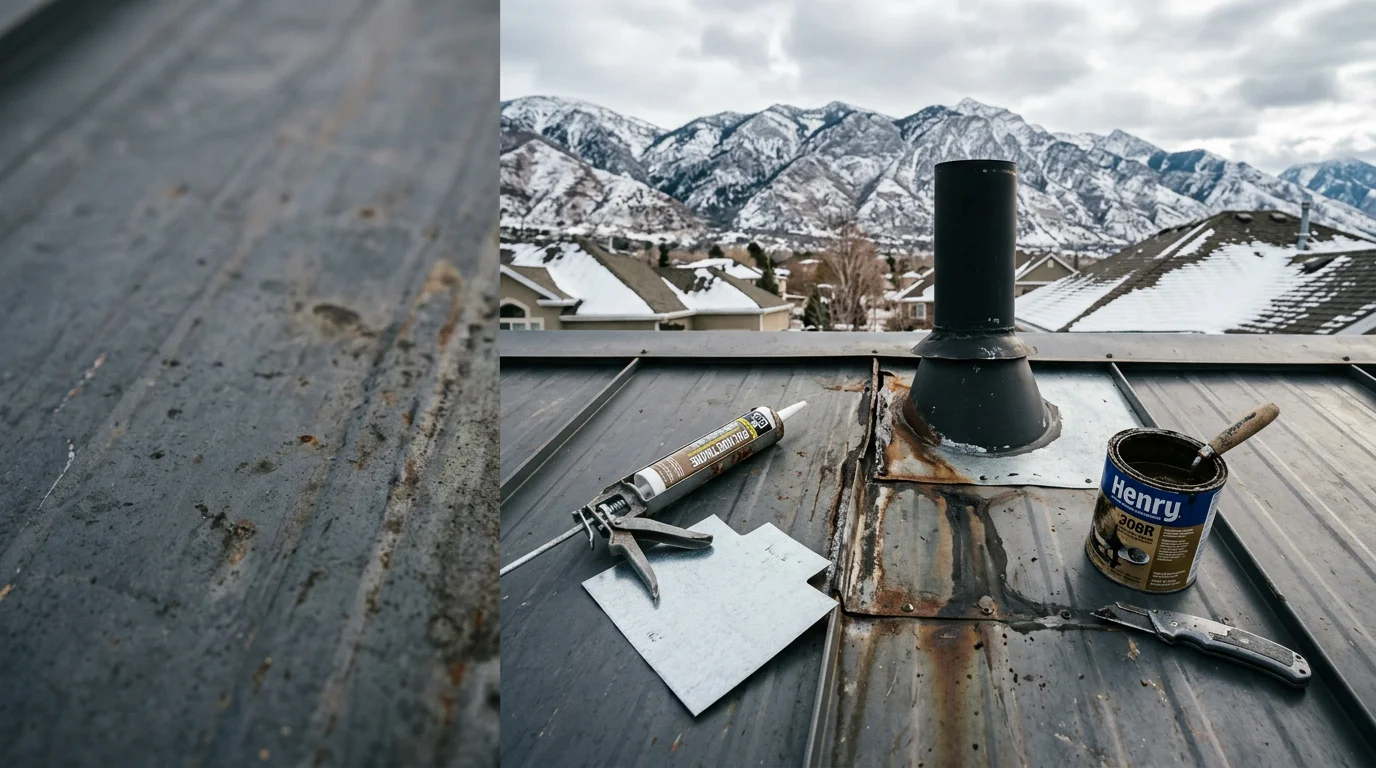 A steel roof on a residential home along the Wasatch Front showing a repaired panel seam and flashing detail around a roof penetration. Snow-covered mountains are visible in the background, reflecting the freeze-thaw conditions common to the Salt Lake City and Ogden area.