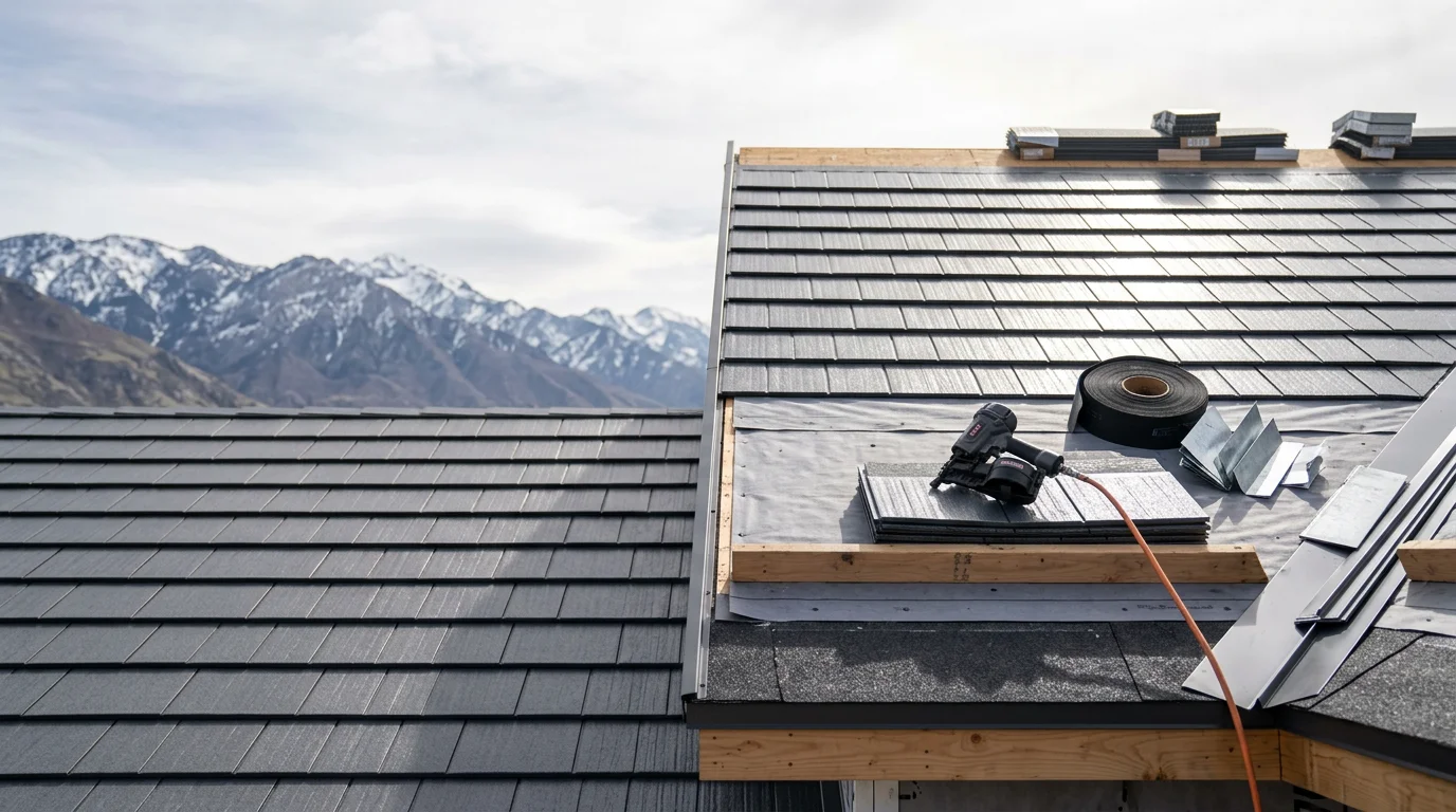 A completed steel shingle roof replacement on a residential home along the Wasatch Front, showing uniform steel shingle panels installed over a two-story house with mountain foothills visible in the background. The roof shows clean ridge lines and properly flashed valleys suited to Utah's heavy snow and hail conditions.