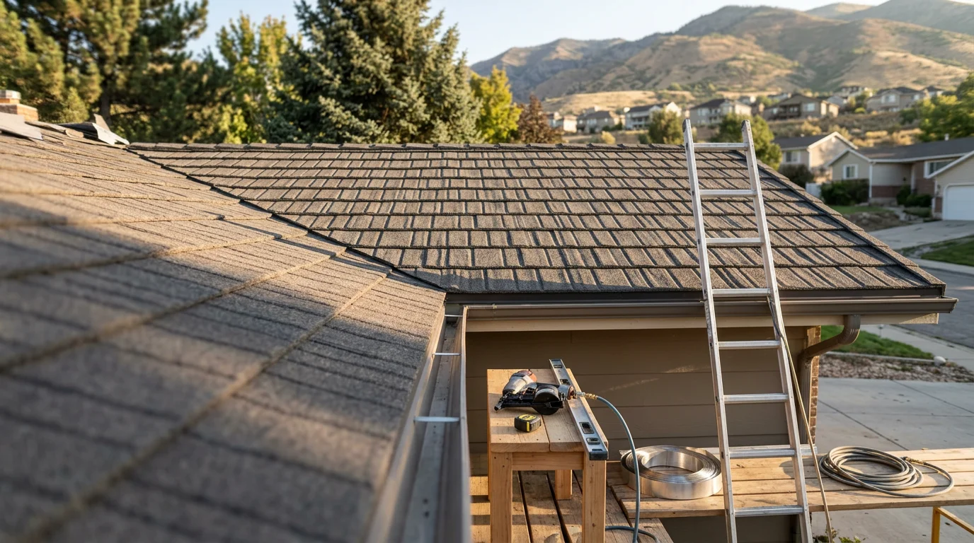 Stone-coated metal roofing panels installed on a residential home along the Wasatch Front, showing the textured stone granule surface and interlocking panel layout against a backdrop of Utah mountains. Close-up view highlights the finished ridge cap and flashing detail on a completed installation.