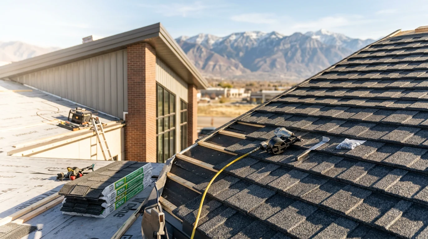 Stone-coated steel commercial shingle roofing installed on a pitched commercial building roof along the Wasatch Front, with Utah mountain terrain visible in the background. Close view shows the textured stone surface and uniform shingle layout across the full roof field.