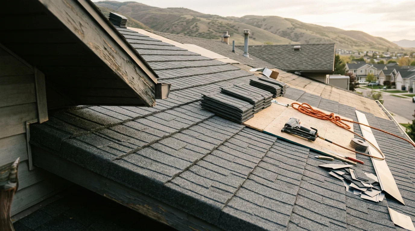 Completed stone-coated steel roof installation on a residential home along the Wasatch Front, showing interlocking steel panels with a textured stone granule surface against a backdrop of Utah mountain foothills. Close view highlights the panel profile and surface texture typical of installations in Salt Lake City and surrounding communities.