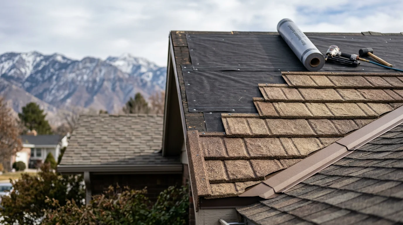 Stone-coated steel roof installed on a residential home along the Wasatch Front, showing interlocking steel panels with a textured stone-granule surface against a backdrop of Utah mountain terrain. Close-up detail highlights the layered panel overlap and uniform stone coating across the roof field.