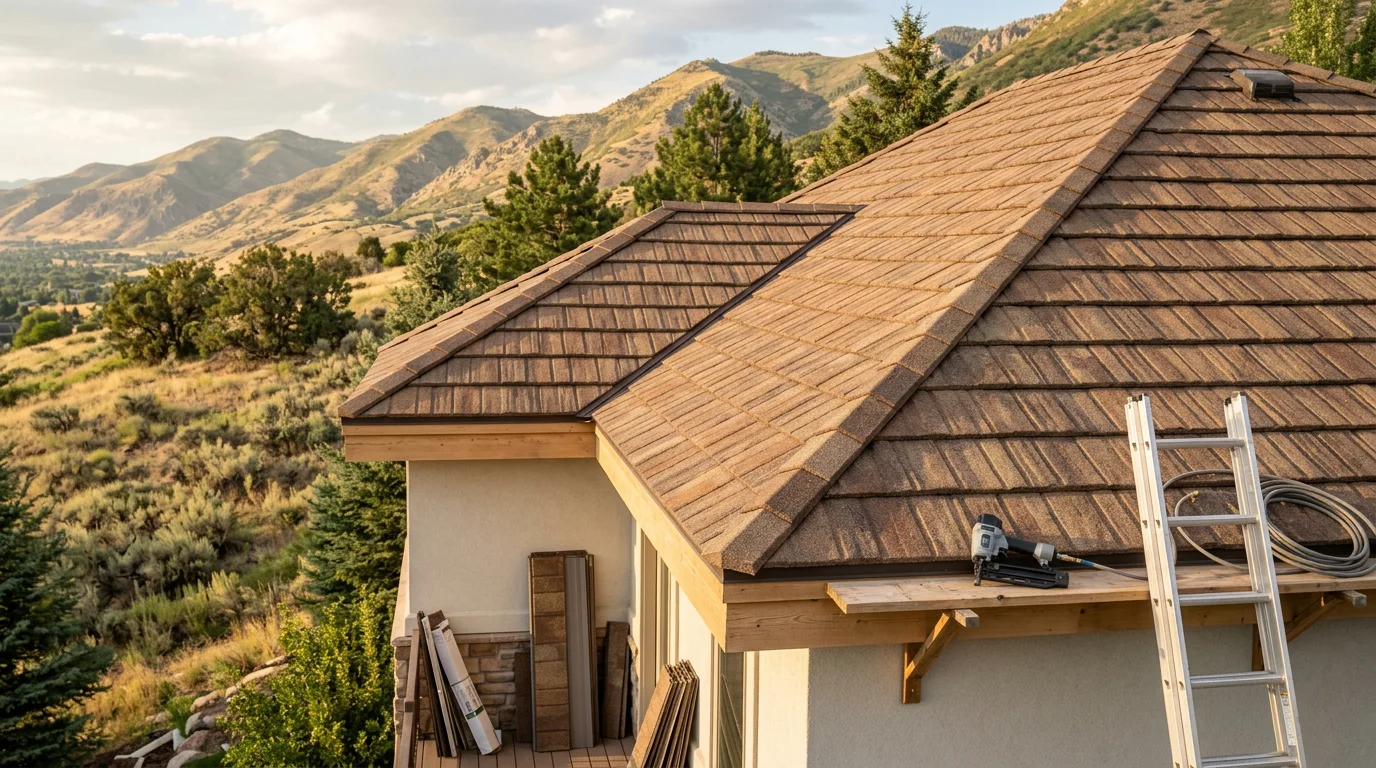 Stone-coated steel shake roofing installed on a residential home along the Wasatch Front, showing the textured wood-shake appearance of interlocking steel panels against a backdrop of Utah mountain terrain.