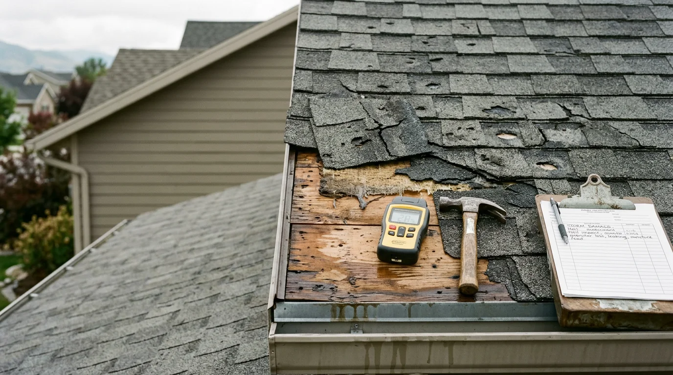 A Redline Roofing and Construction crew inspecting hail and wind damage on a residential roof along the Wasatch Front, with missing shingles and dented flashing visible against a backdrop of Utah mountains. Close-up view shows granule loss and shingle bruising consistent with a summer hailstorm.